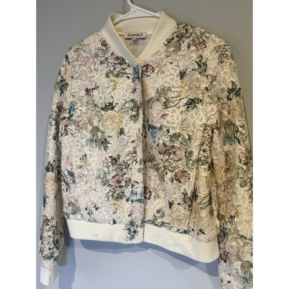 Nanette Lepore Lace Floral Bomber Jacket Sz S Ivory Cream‎ Snap Front